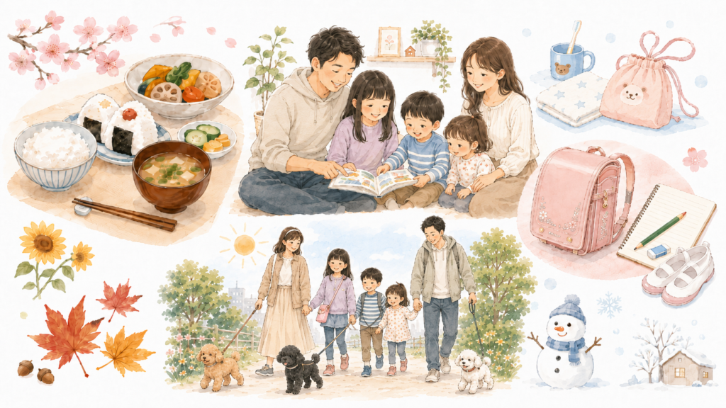 An illustration showing the five themes of Japan Family Life: food culture, parenting culture, education, seasons, and family outings.