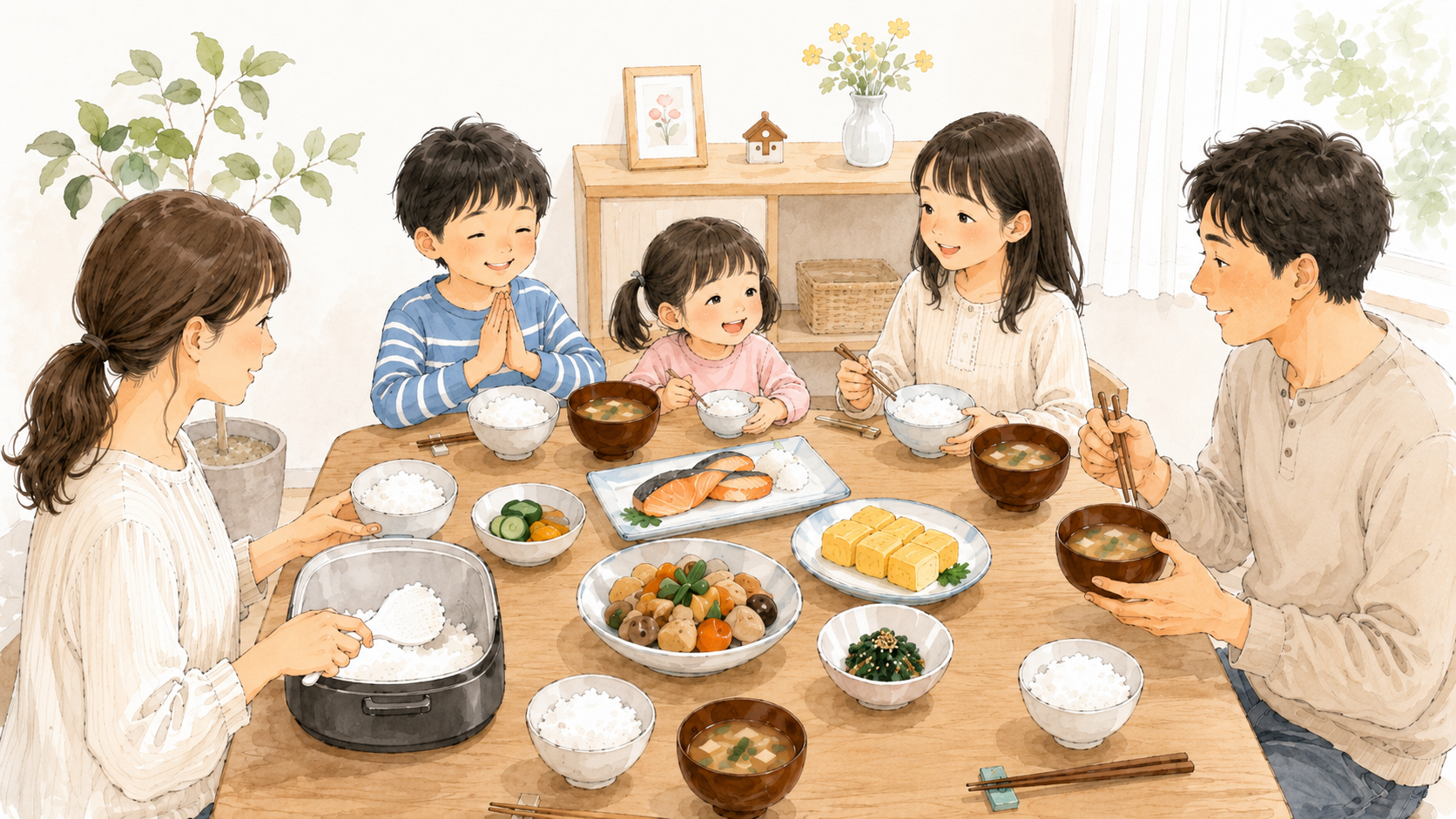 A simple Japanese family table with rice, miso soup, and small side dishes.