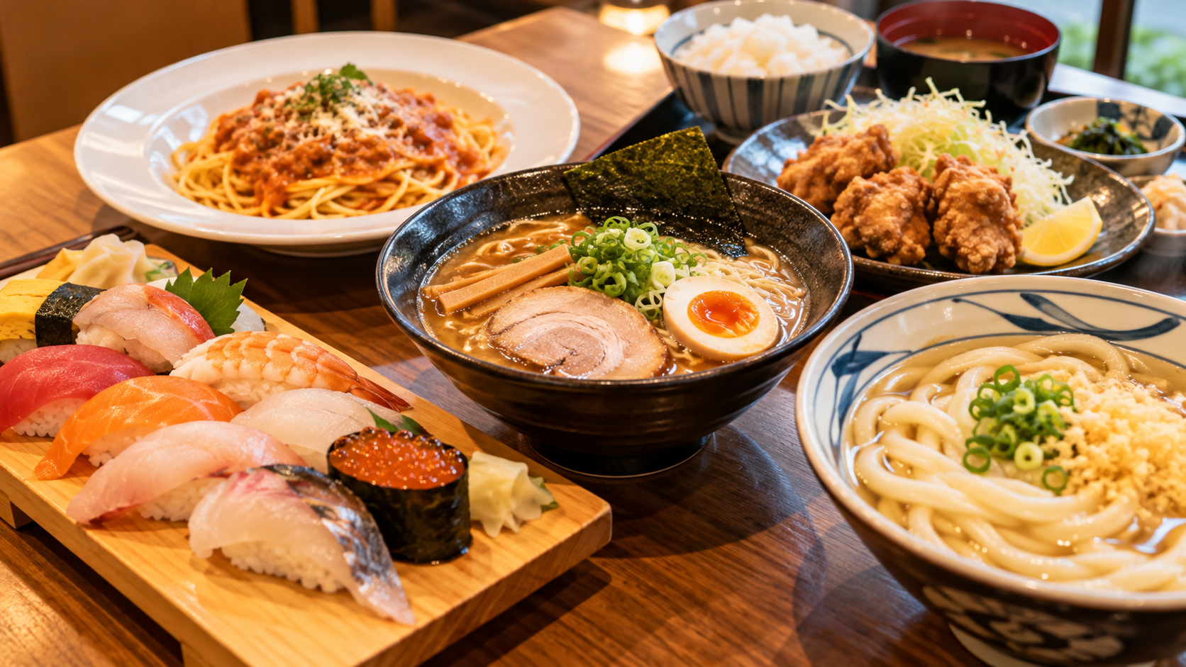 Japanese restaurant foods including sushi, ramen, udon, pasta and a Japanese set meal arranged on a table.