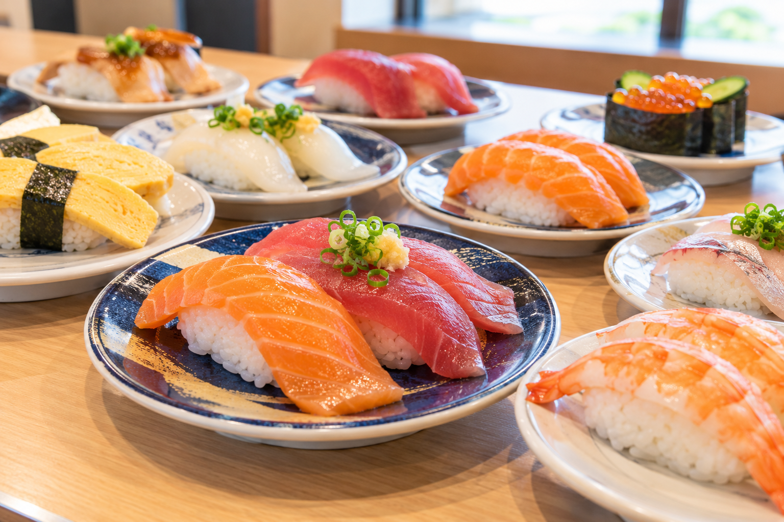Assorted Japanese nigiri sushi on plates, including salmon, tuna, shrimp and tamagoyaki.