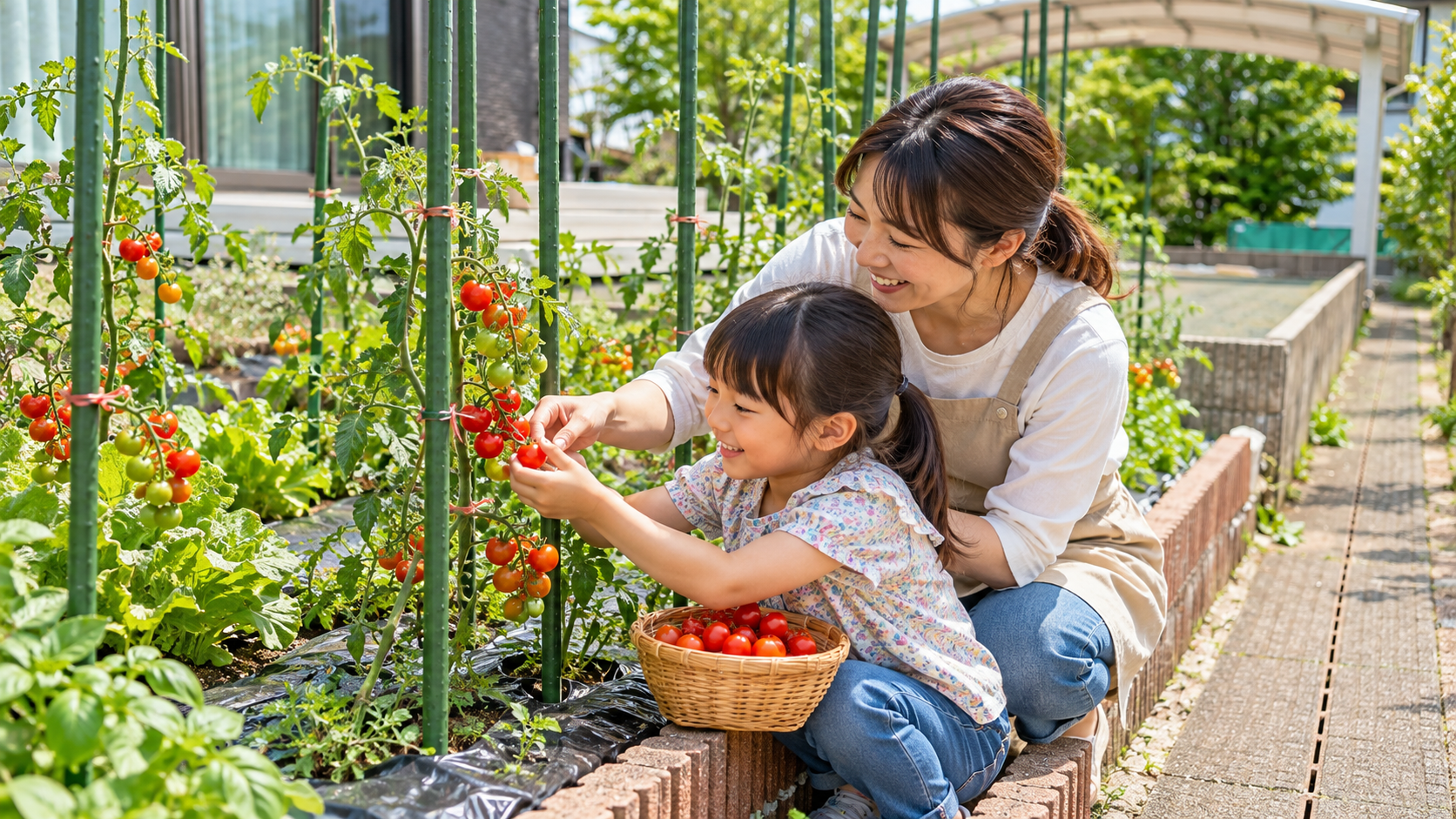 A parent and child harvesting cherry tomatoes in a Japanese home garden.