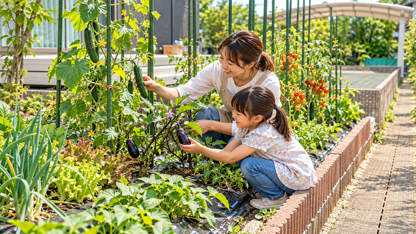 A parent and child harvesting different seasonal vegetables in a Japanese home garden.