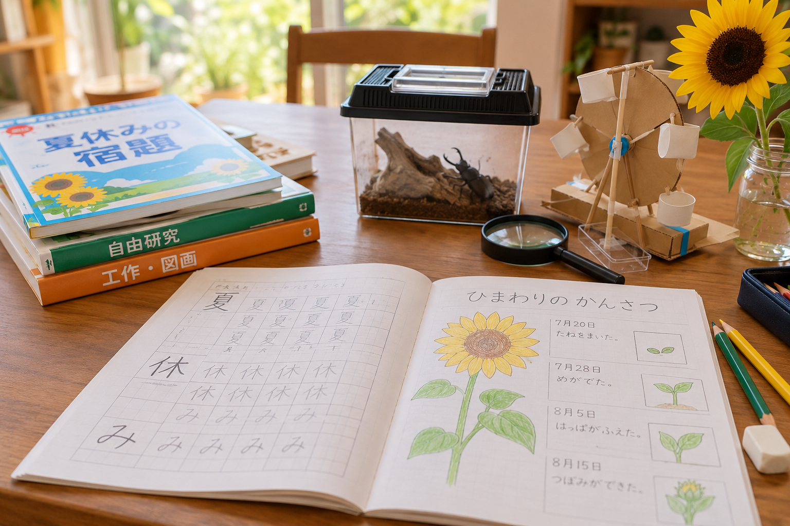 Japanese elementary school summer homework and independent research materials on a family table.