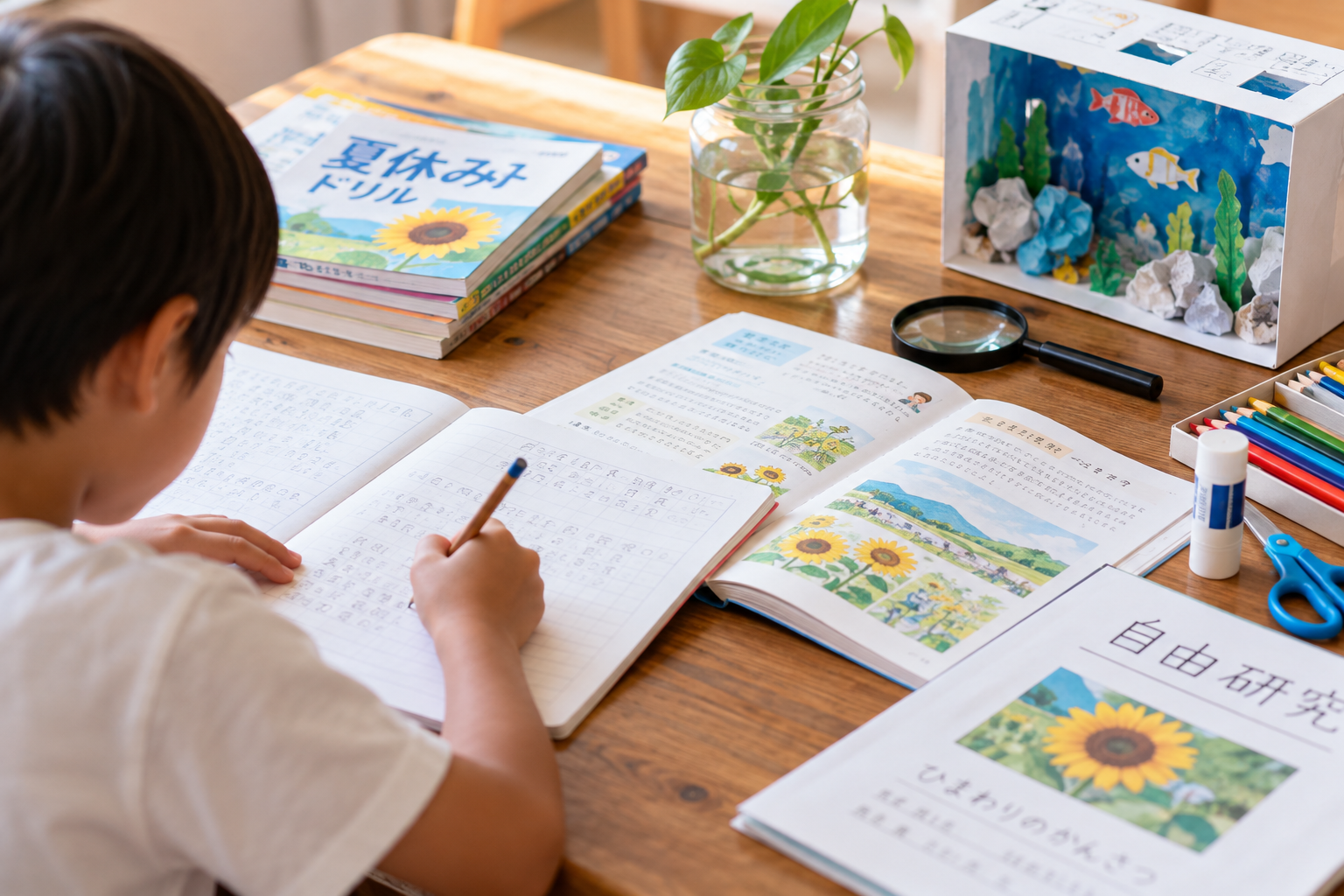 Japanese elementary school child working on summer homework and an independent research project at home.