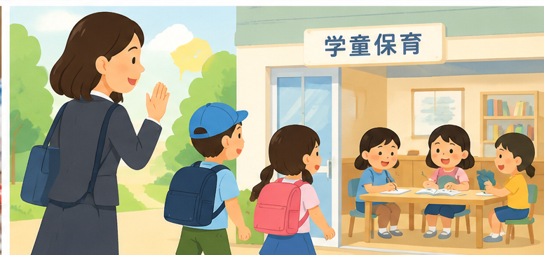 Illustration of children spending a summer weekday at a Japanese gakudo after-school childcare program.