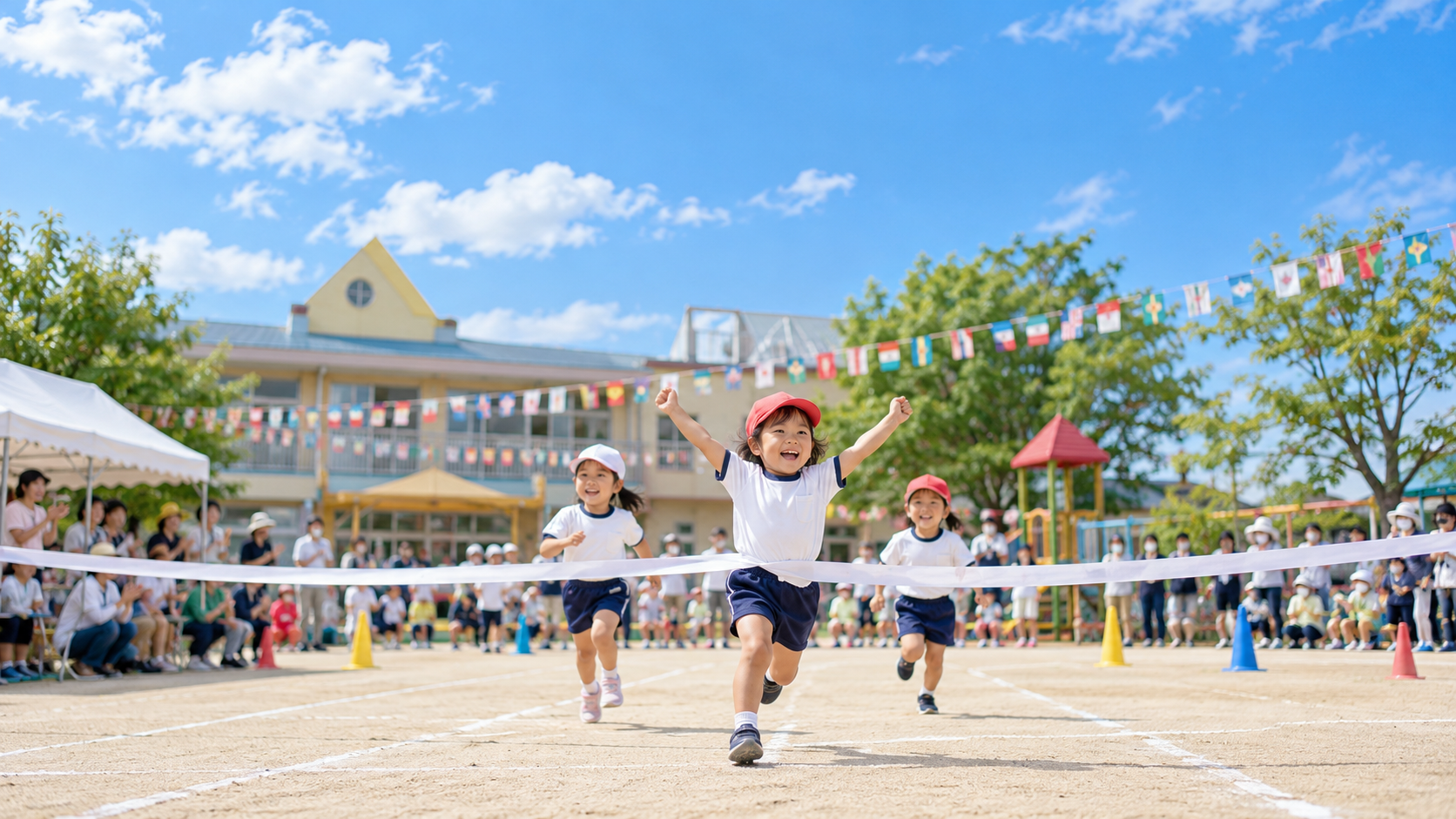 Children taking part in a Japanese nursery school sports day outdoors.