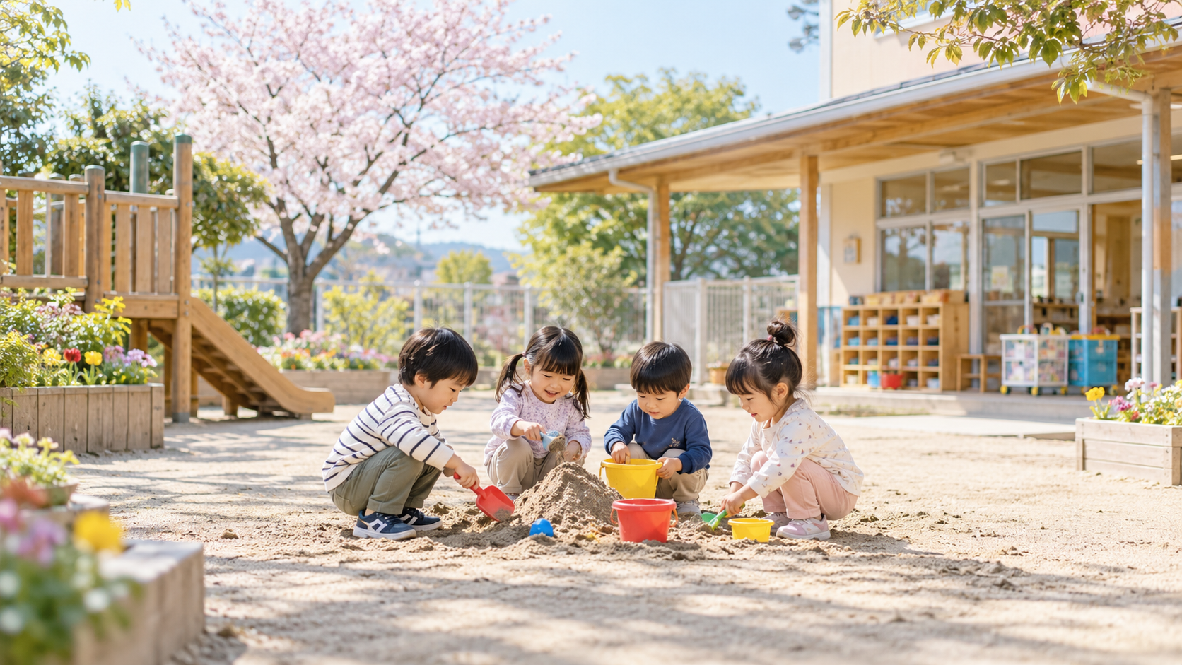 Young children playing together at a Japanese childcare facility.