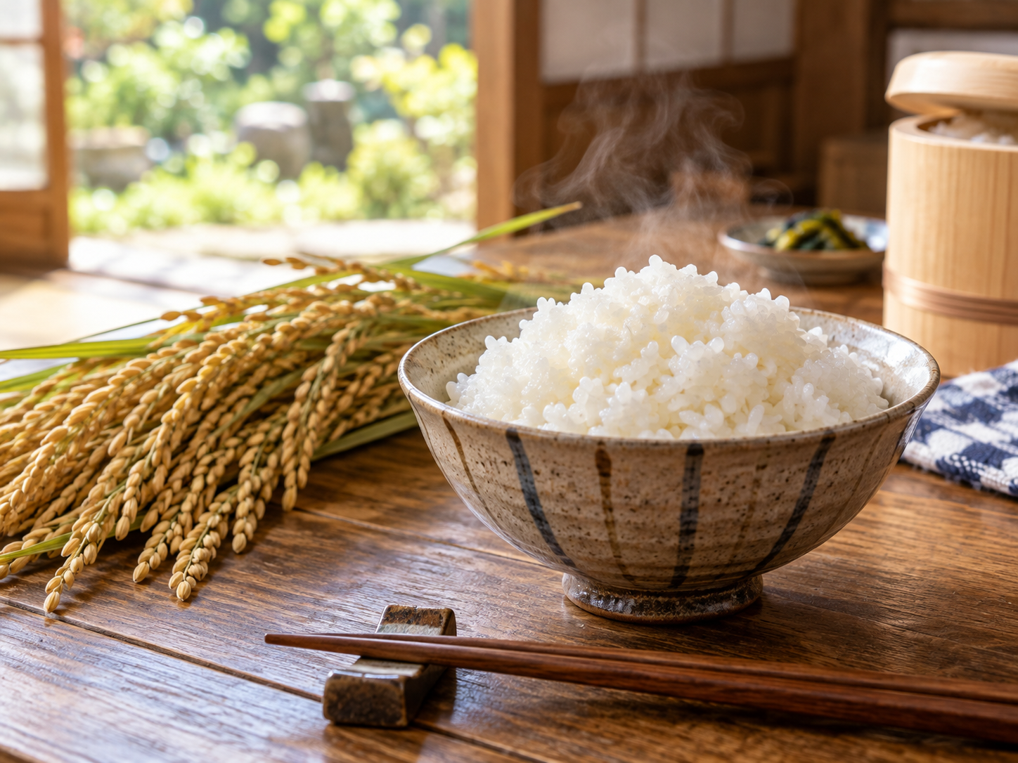 Freshly cooked shinmai rice with golden rice stalks on a Japanese family table.