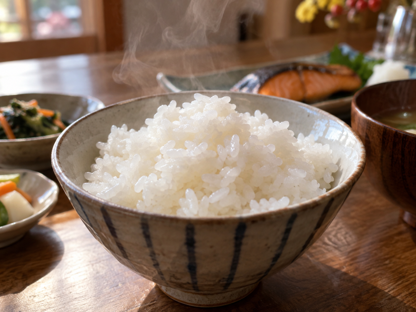 Steaming freshly cooked Japanese rice on a family table.