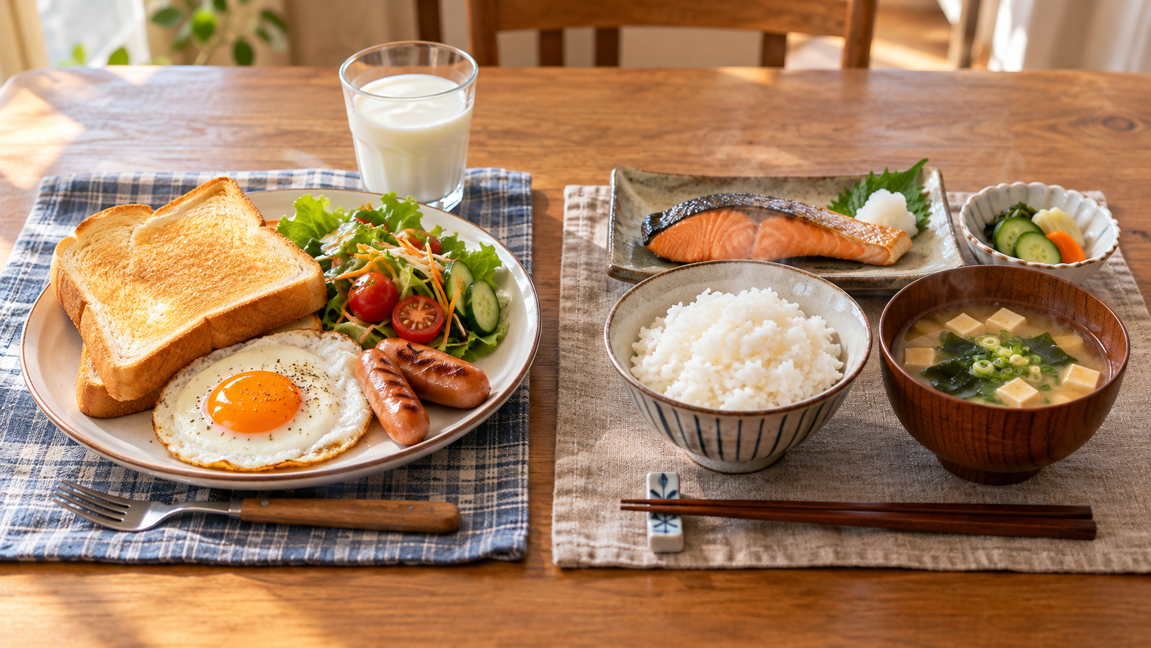 Two possible Japanese family breakfast styles: toast with eggs and sausages, and rice with miso soup and grilled fish.