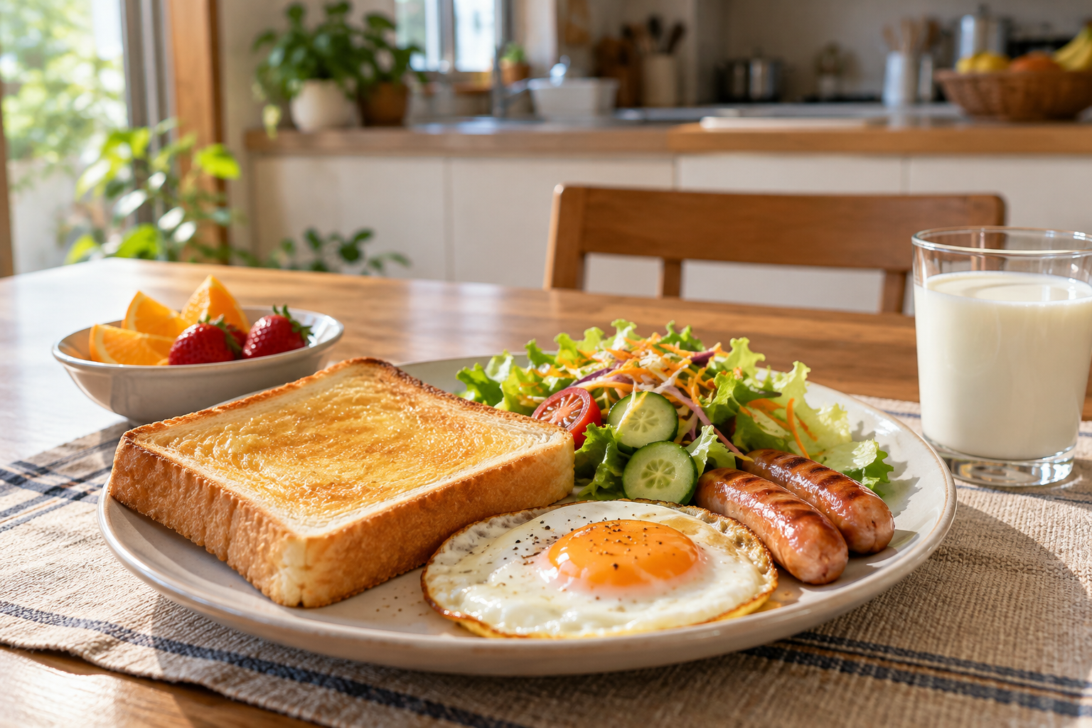 A bread-based home breakfast with toast, a fried egg, sausages, milk, and salad.