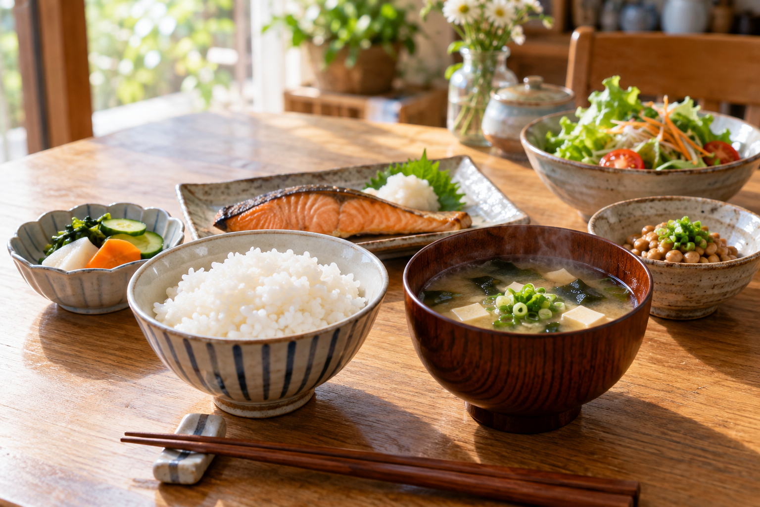 A rice-based Japanese home breakfast with miso soup, grilled fish, pickles, natto, and salad.