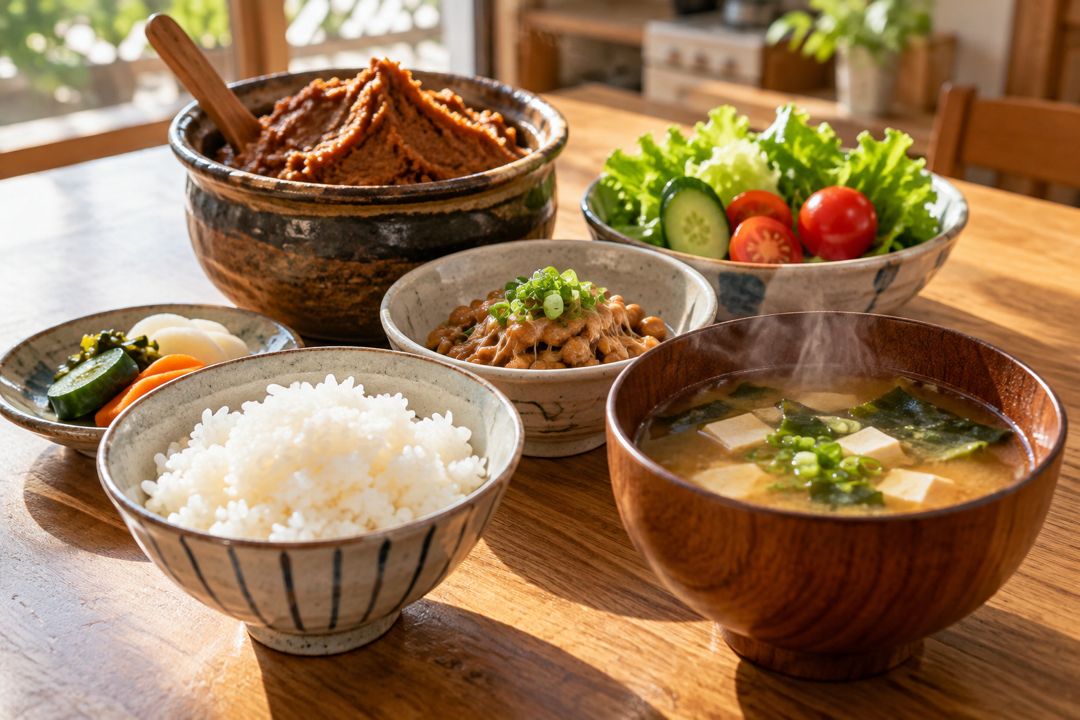 Japanese rice, homemade-style miso, miso soup, natto, and fresh vegetable salad on a kitchen table.