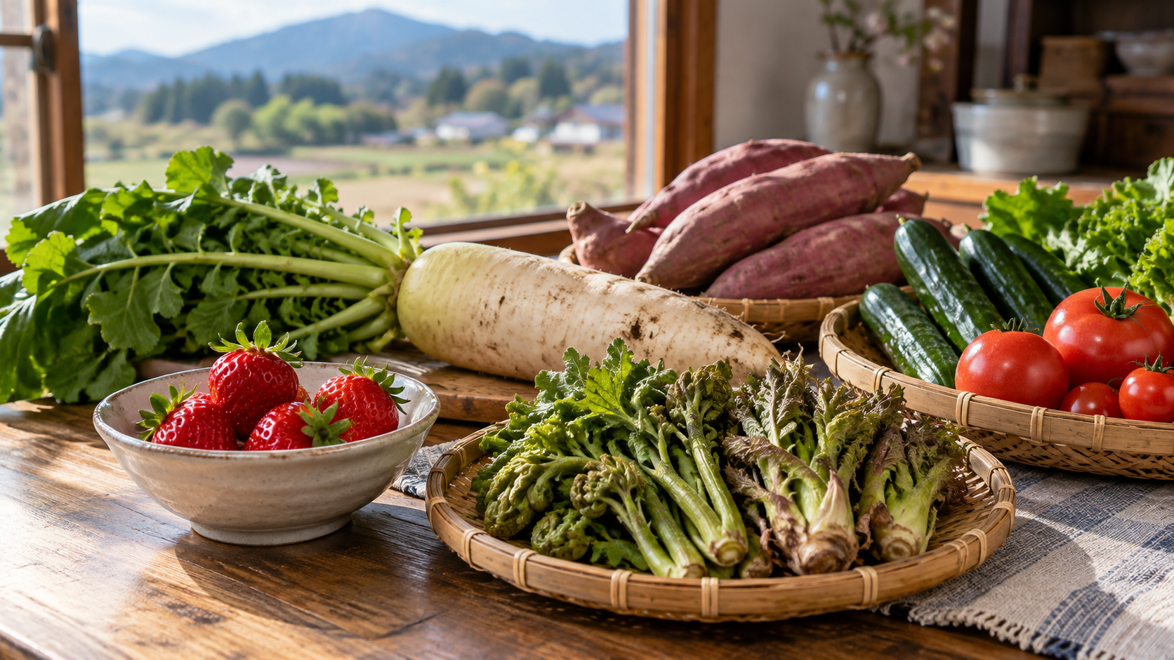 Seasonal foods enjoyed in Tochigi, including wild greens, tomatoes, cucumbers, sweet potatoes, daikon, and strawberries.